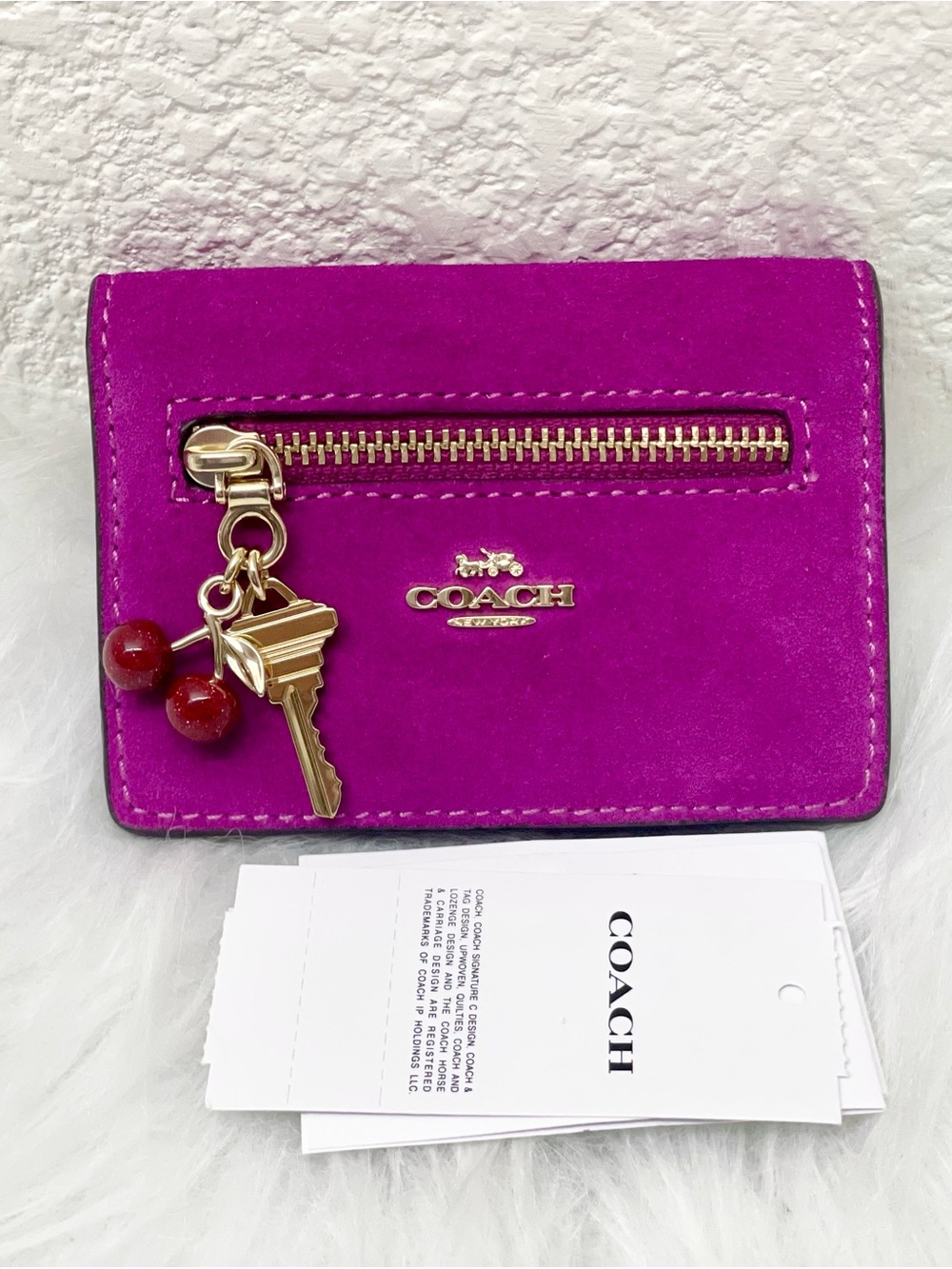 COACH Card Case With Key And Cherry Charms Suede CGA71 Magenta Pink
